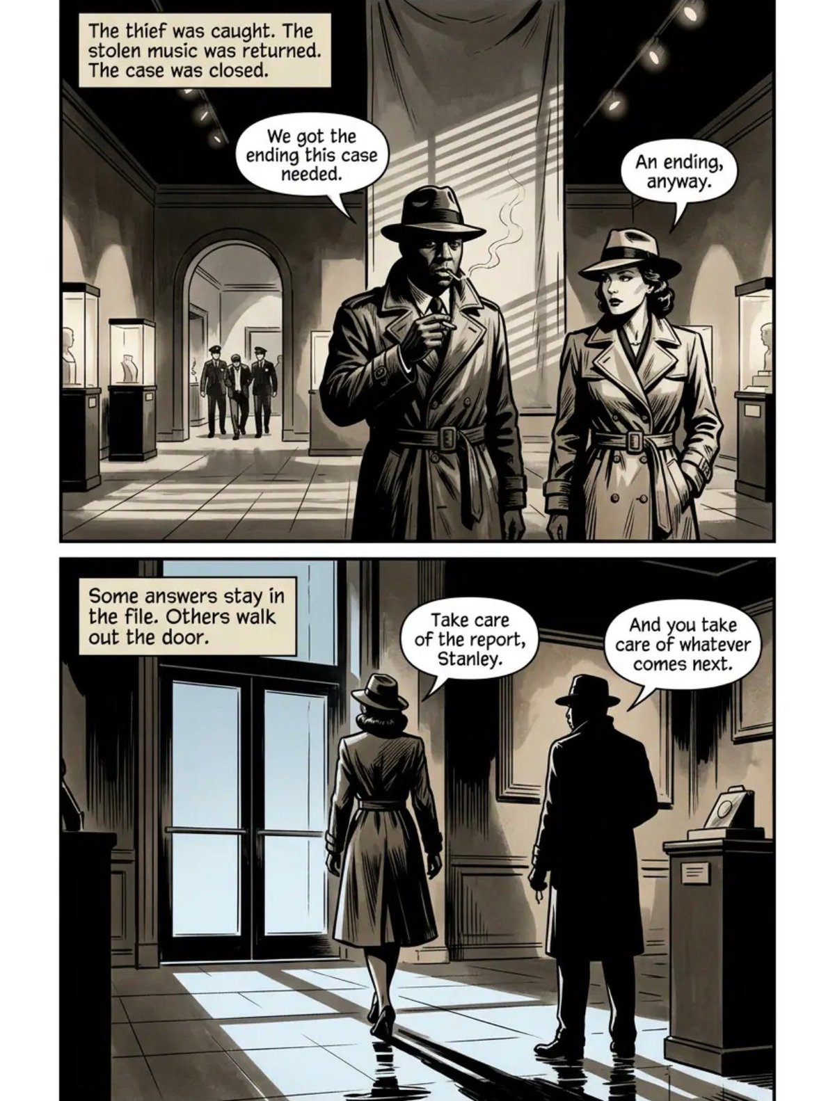 Film noir comic panel showing two detectives in a hallway discussing a closed case, with dialogue bubbles about needing an ending and handling reports and next steps
