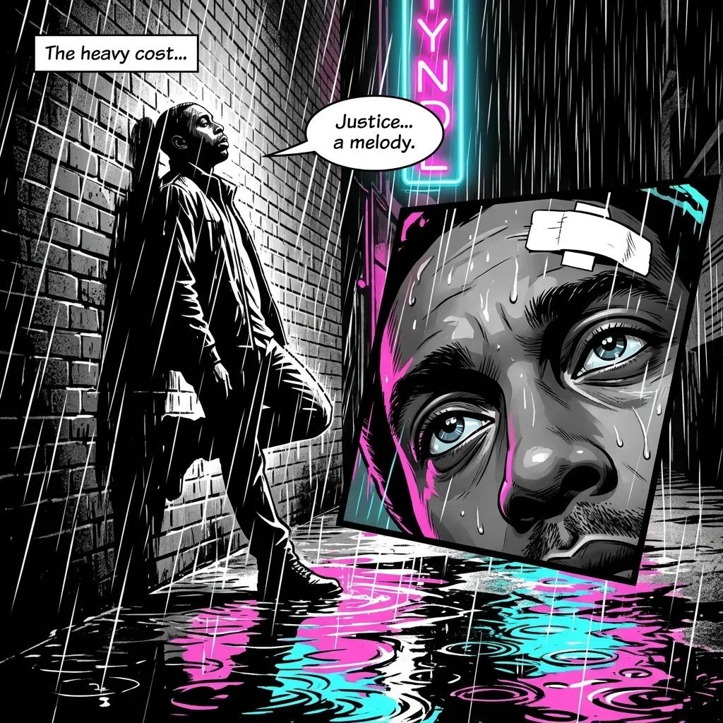 Noir comic art of man in coat facing giant neon head with speech bubble saying Justice, a melody. Pink and cyan neon glow reflects in wet ground