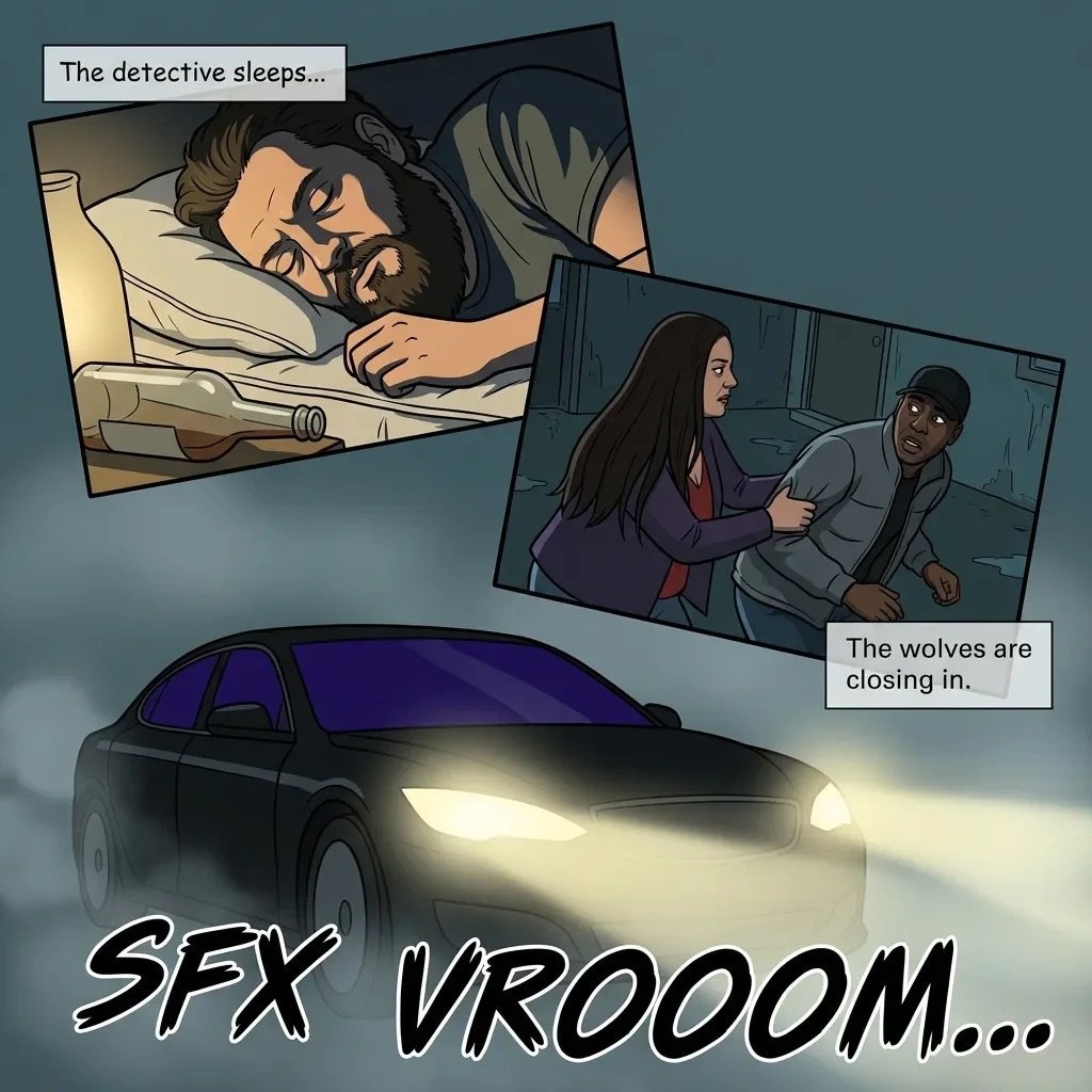 Comic-style thriller meme showing a sleeping detective, dangerous wolves, and a speeding car with SFX VROOM sound effect