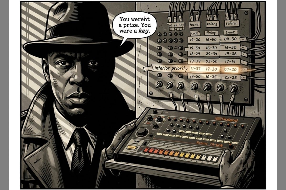 Film noir-style illustration of a man in a fedora and suit at synthesizer equipment with speech bubble saying You werent a prize. You were bait.