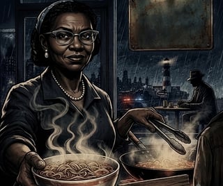 Woman in glasses and pearl necklace cooking noodles in a noir-style kitchen with city skyline in the background