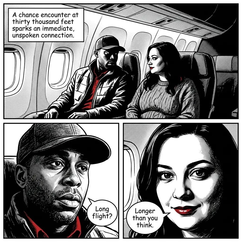 Black and white comic strip of two people meeting on an airplane, with text describing a chance encounter at 30,000 feet.