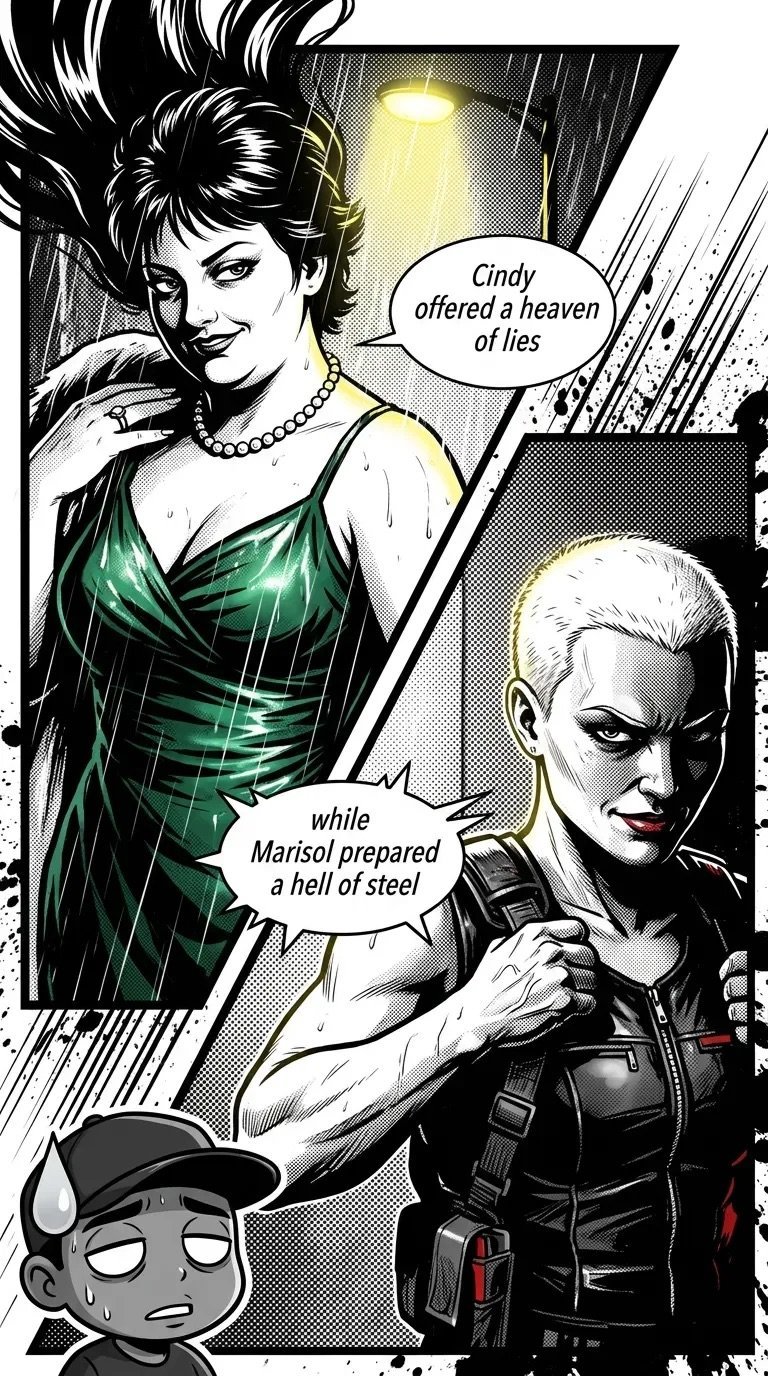 Comic panel showing a woman in green dress offering lies, while an armed woman prepares a weapon. A small character appears below