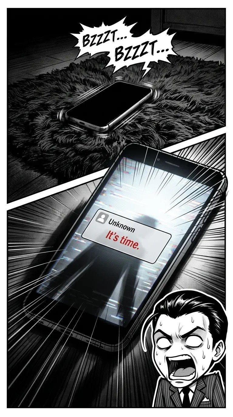 Black and white comic panel showing a man receiving a mysterious call from Unknown with Its time message while a phone buzzes nearby