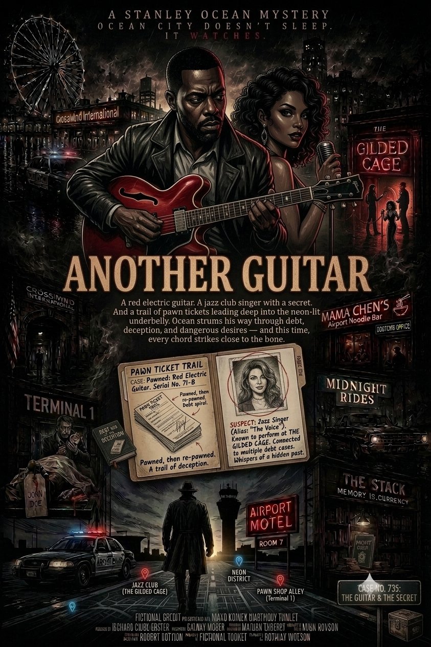 Movie poster for Another Guitar featuring a man with guitar and woman in noir style with neon city backdrop and mystery elements