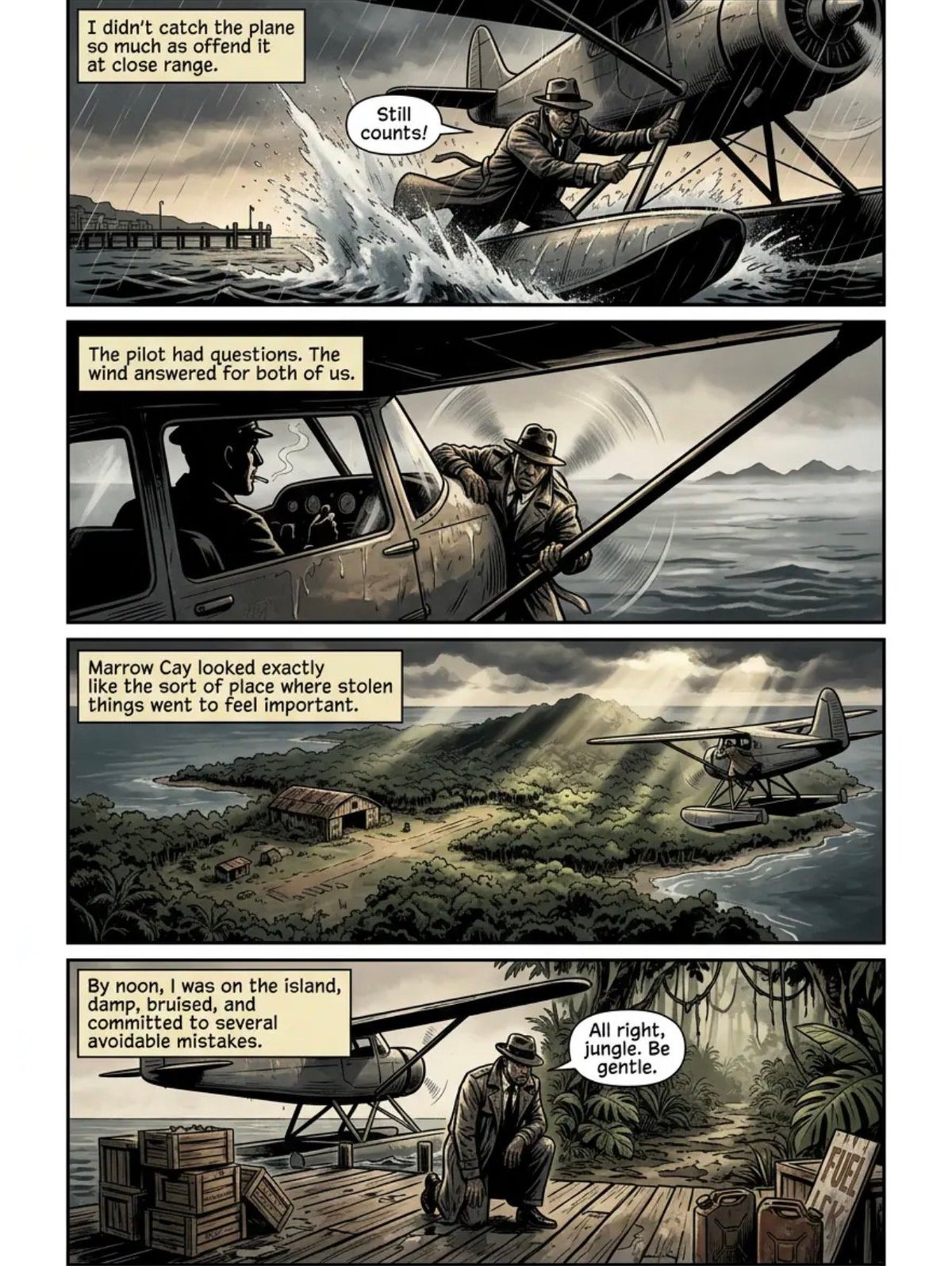 Comic strip depicting a pilots story about crash-landing an airplane on a remote tropical island and being rescued.