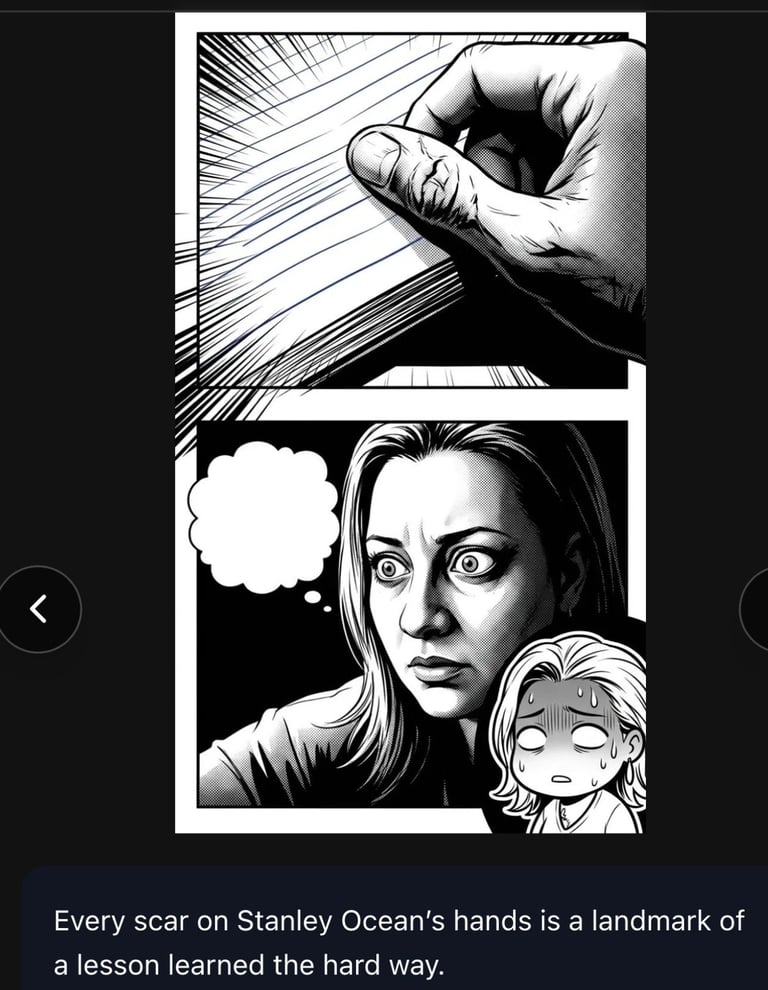 Black and white comic panel showing a hand drawing with scars and a worried woman with a small child, illustrating hardship lessons