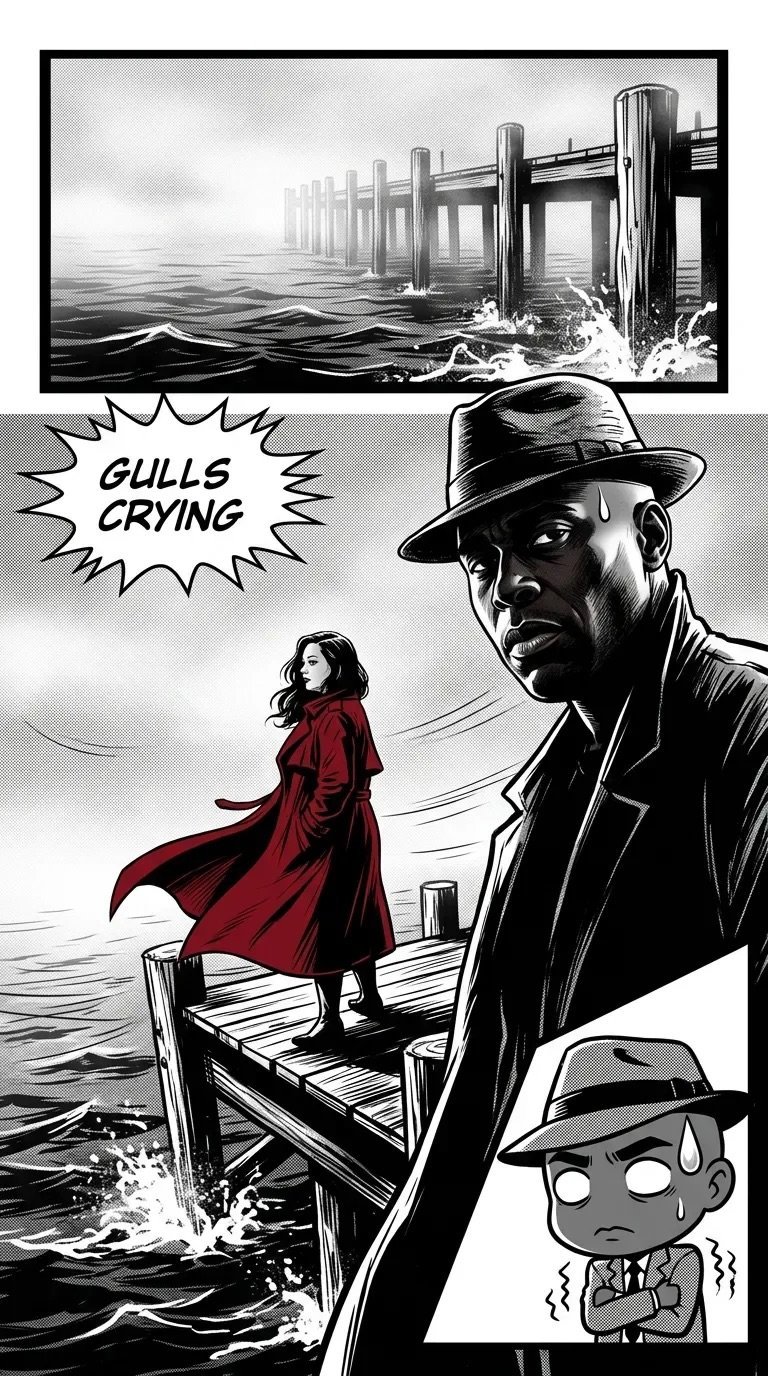 Black and white manga panel showing a man in a hat on a dock with a woman in a red coat, pier structure, and text bubble saying Gulls Crying
