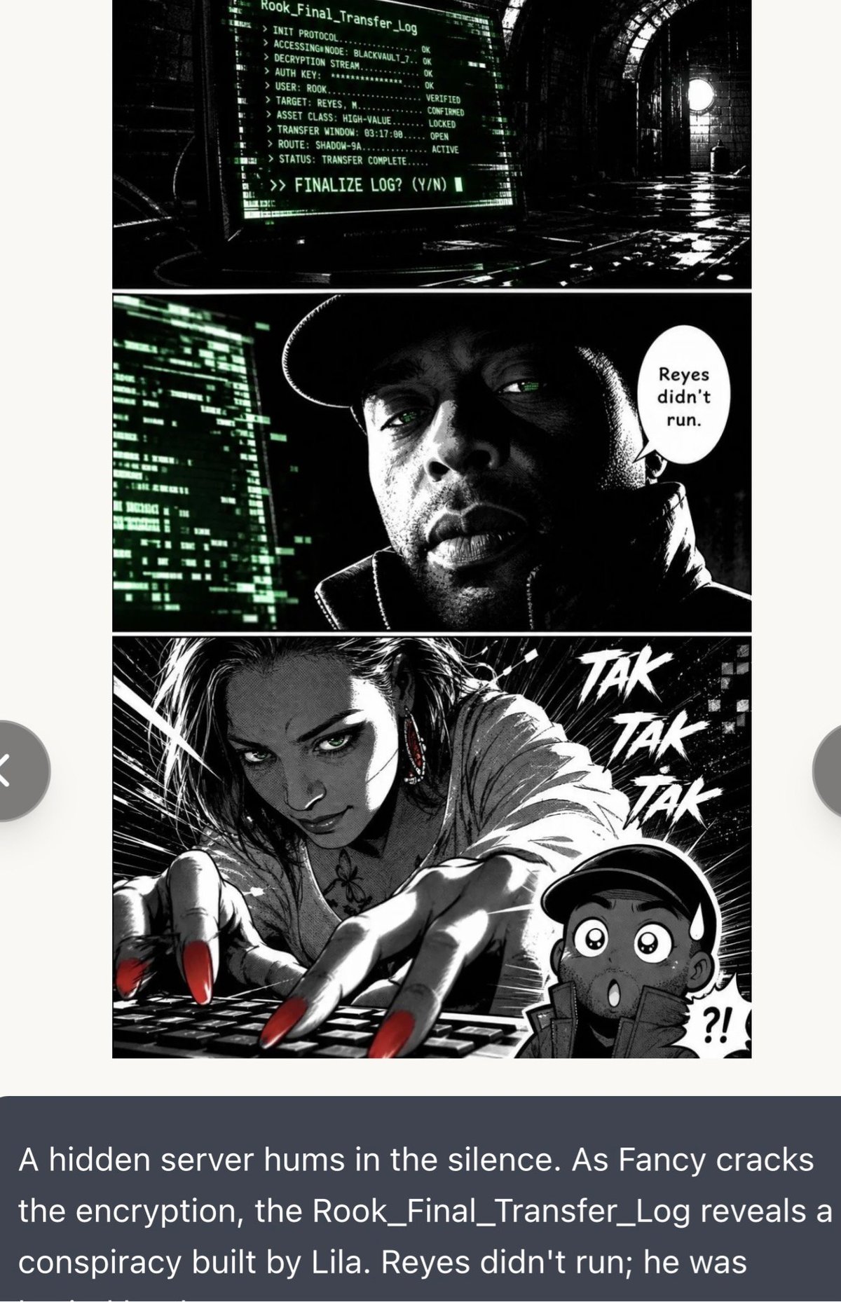 Black and white manga-style comic panels showing a hacker discovering a server conspiracy, with a character named Reyes and action sequences with sound effects.