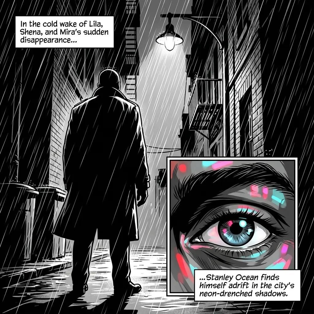Noir-style comic panel: silhouetted figure in rain-soaked alley beneath street lamp, with close-up inset of glowing neon eye. Text describes disappearance and shadows