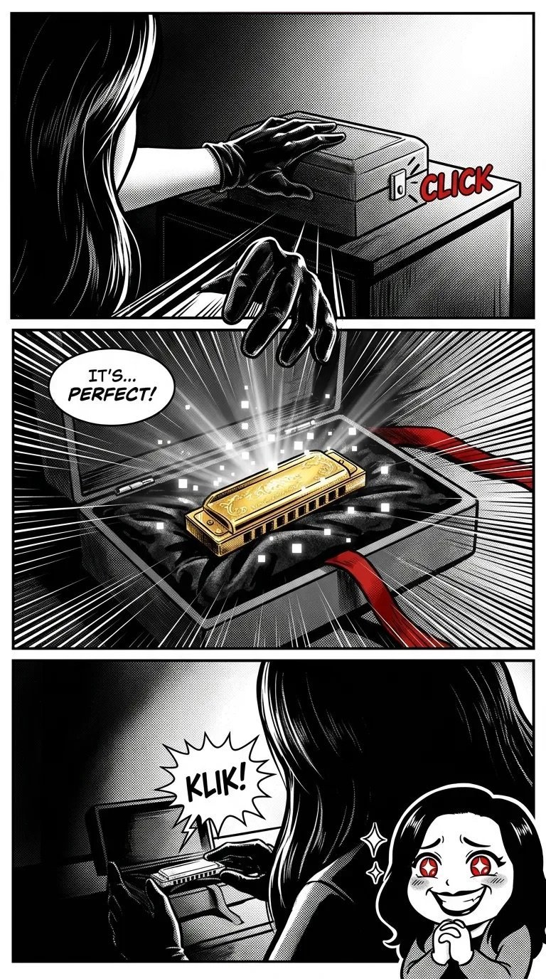 Three-panel manga showing a person clicking boxes with CLICK sound effect, opening a box containing a gold harmonica with ITS PERFECT! speech bubble, and reacting excitedly.