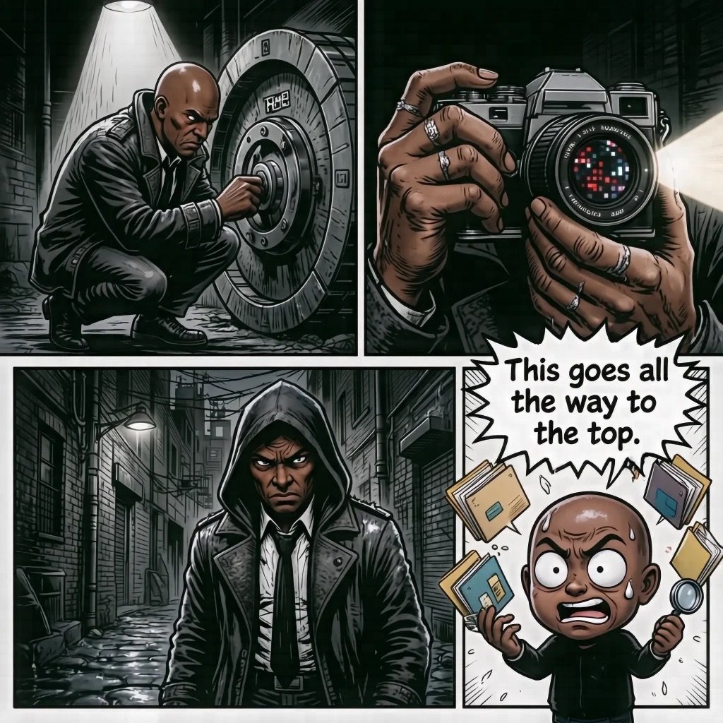 Four-panel comic showing a man with vintage camera equipment, holding film camera, standing in dark urban alley, and animated character juggling with text about the way to the top
