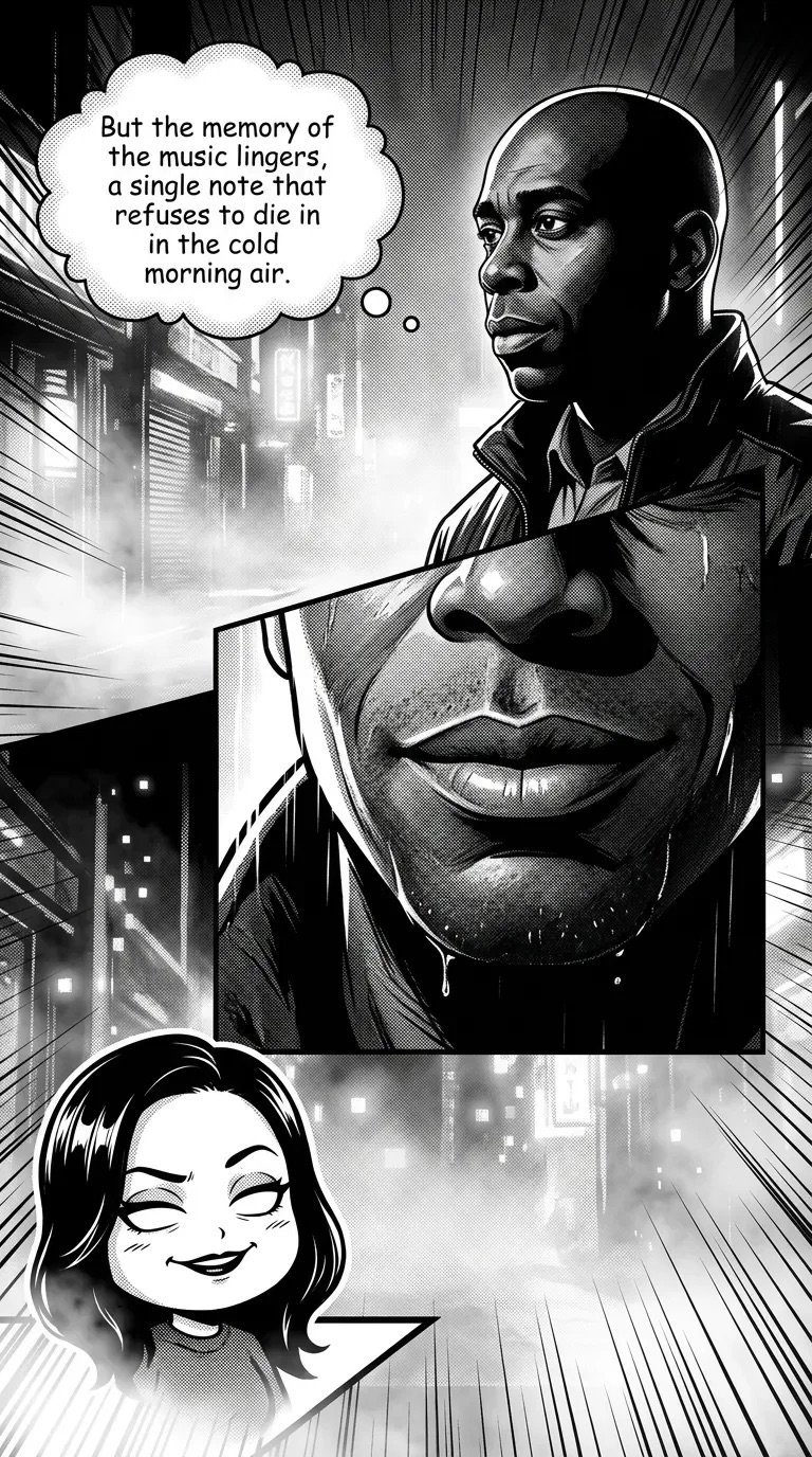 Black and white manga panel showing a man reflecting on a musical memory in an urban setting, with a woman visible below