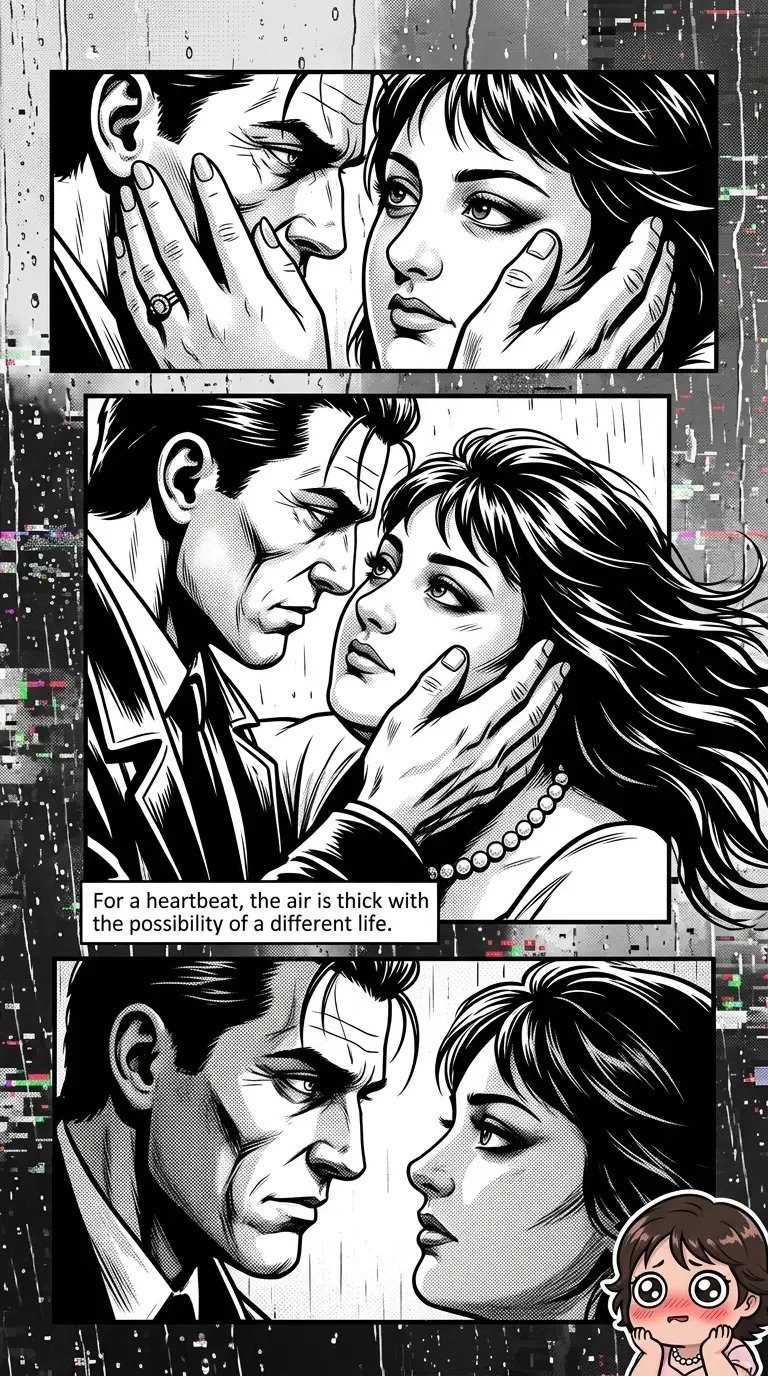 Black and white comic panels showing an intimate moment between a man and woman with dialogue about heartbeat and possibility of different life