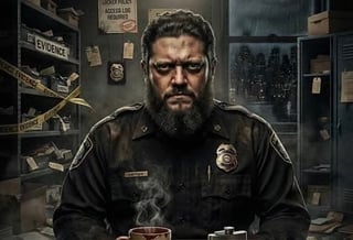 Bearded police officer in uniform sitting at desk in cluttered evidence room with case files and investigation materials visible