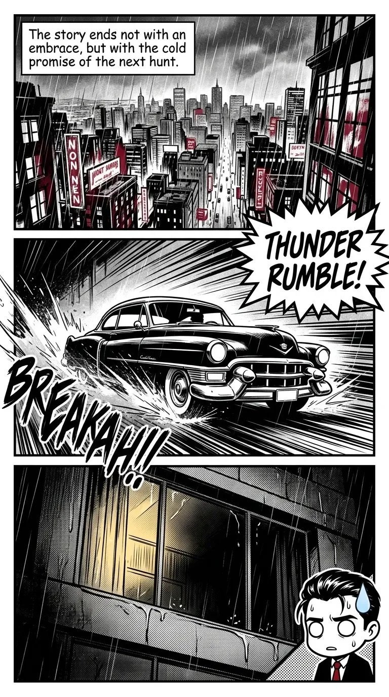 Noir comic panel showing a rainy city, car chase with Thunder Rumble sound effect, and man at window