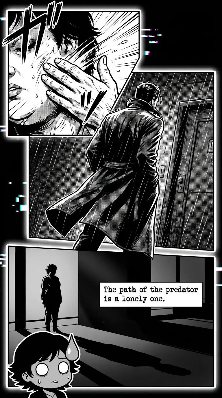 Manga page showing dramatic scenes with a man in a coat in rain, a close-up of a characters face, and a childs worried expression with text reading The path of the predator is a lonely one.