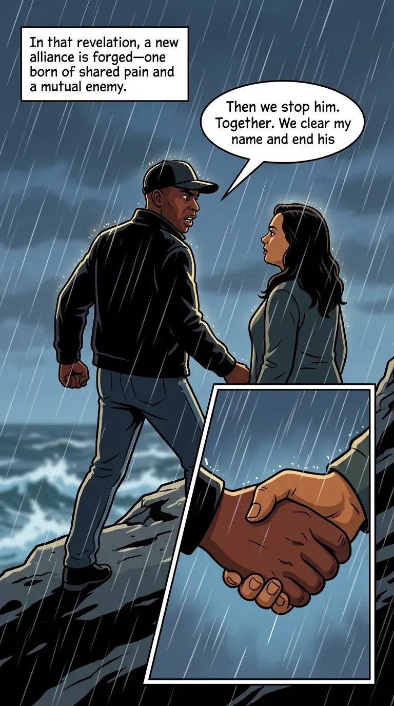 Comic panel showing two characters in the rain forming an alliance, with dialogue bubbles about stopping a mutual enemy together.