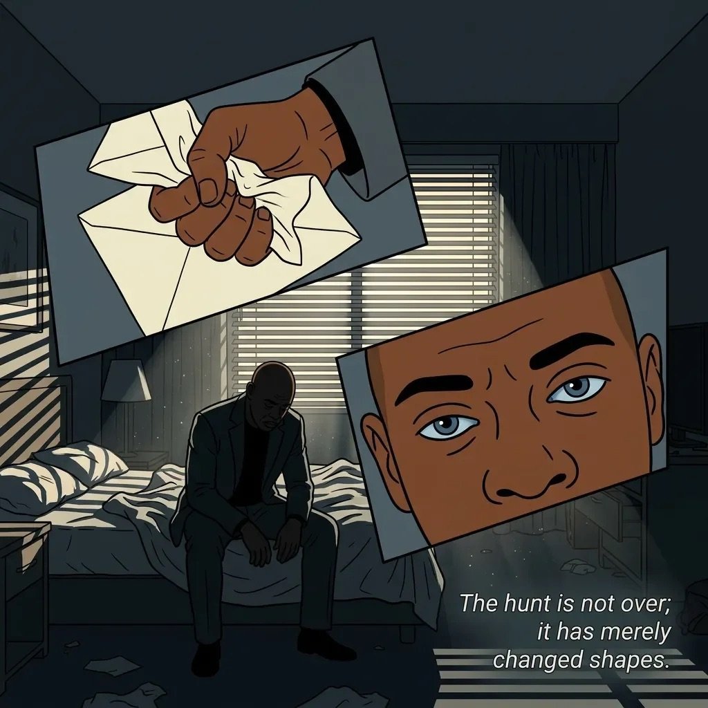 Silhouetted figure sitting on bed surrounded by floating faces and envelopes with text: The hunt is not over, it has merely changed shapes