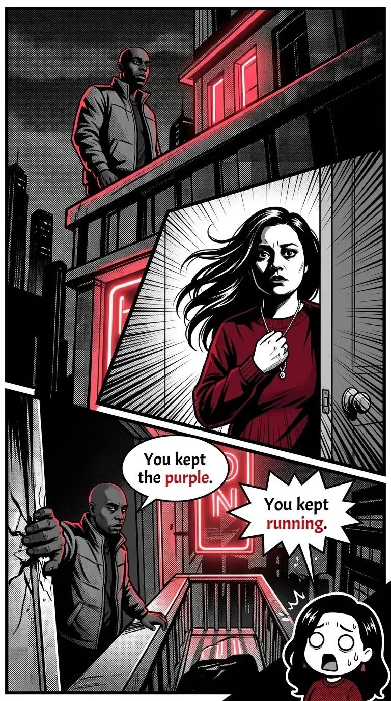 Comic panel showing a noir thriller scene with characters on a rooftop and dialogue about keeping the purple and running.