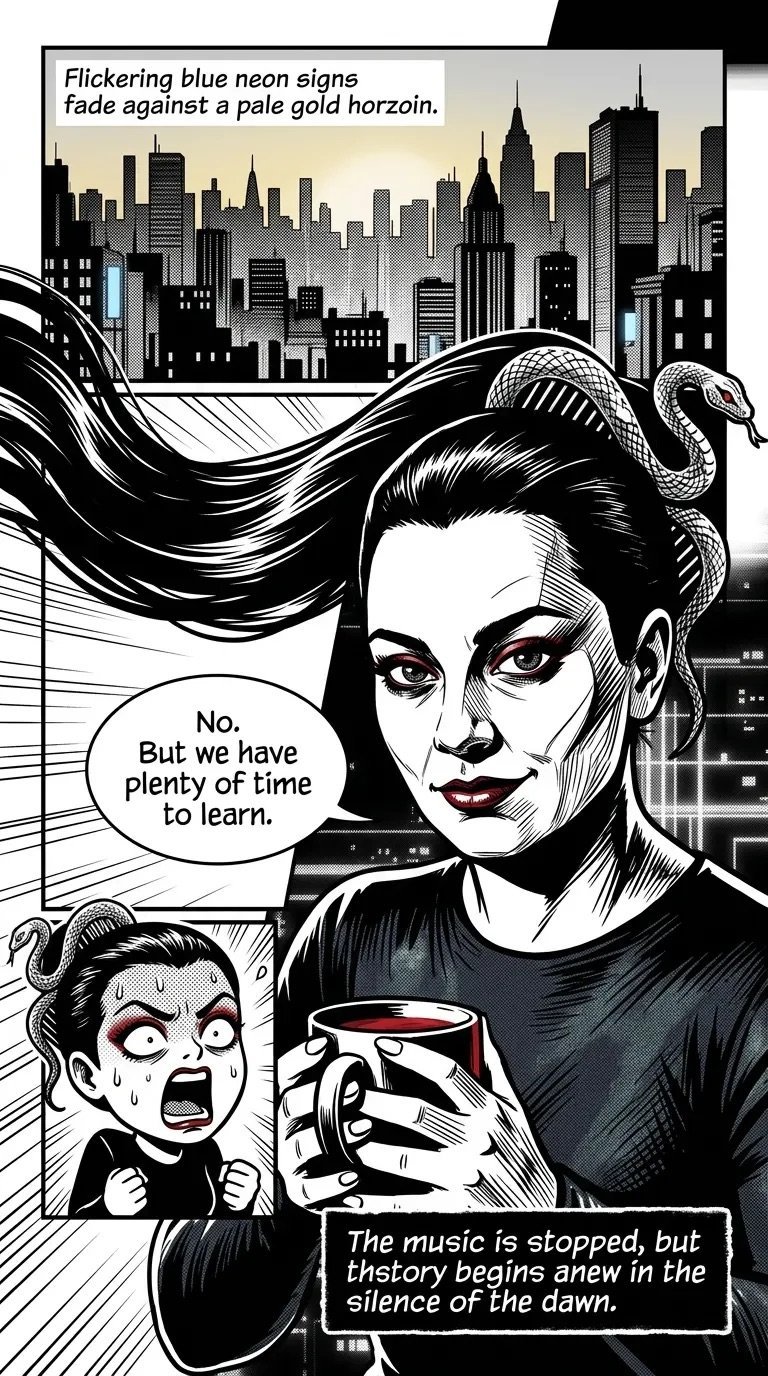 Black and white comic panel featuring a woman with snakes in her hair against a cityscape, holding a drink with dialogue bubbles