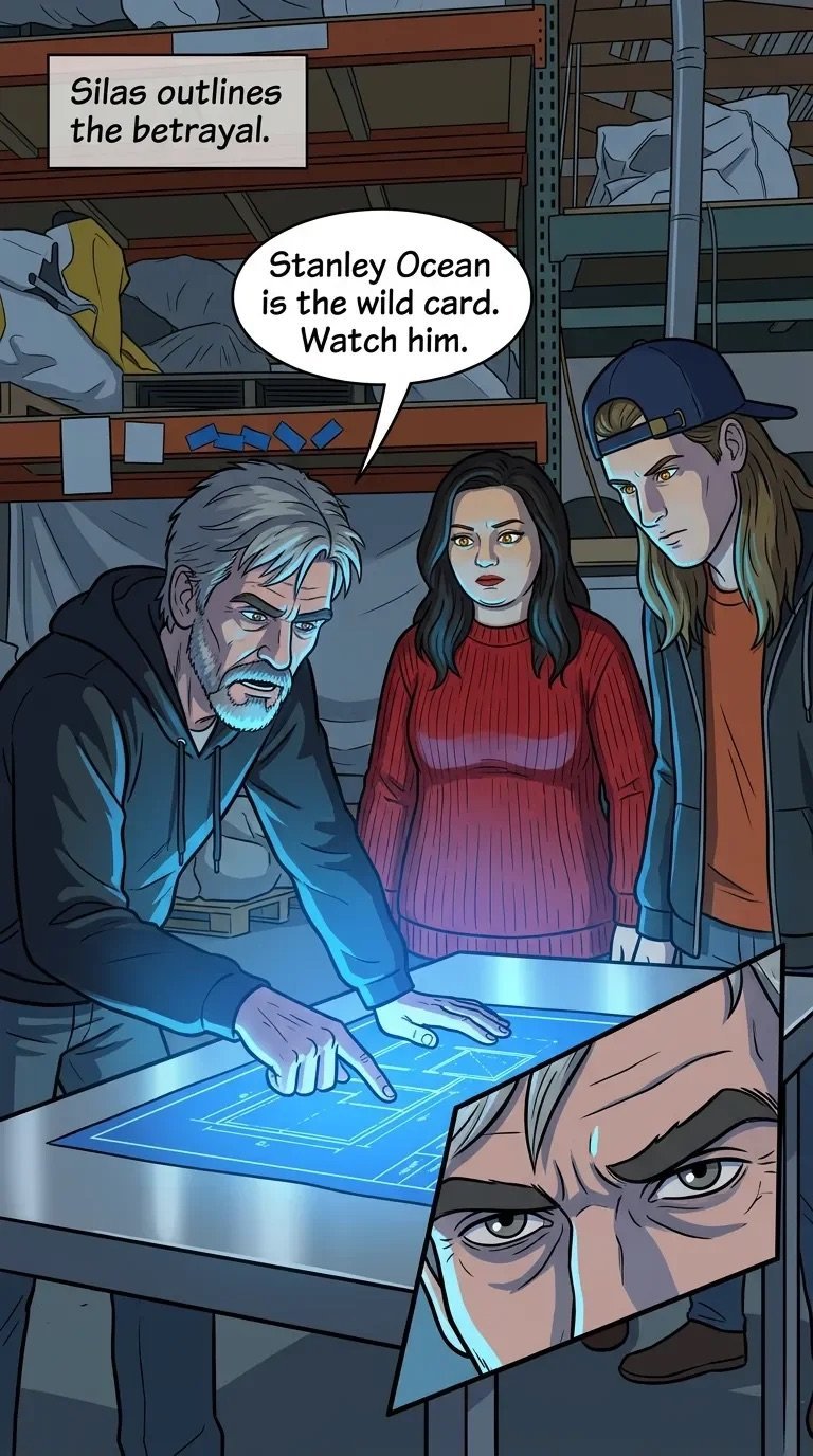 Comic panel showing three people around a glowing table with text about Silas outlining betrayal and Stanley Ocean being a wild card