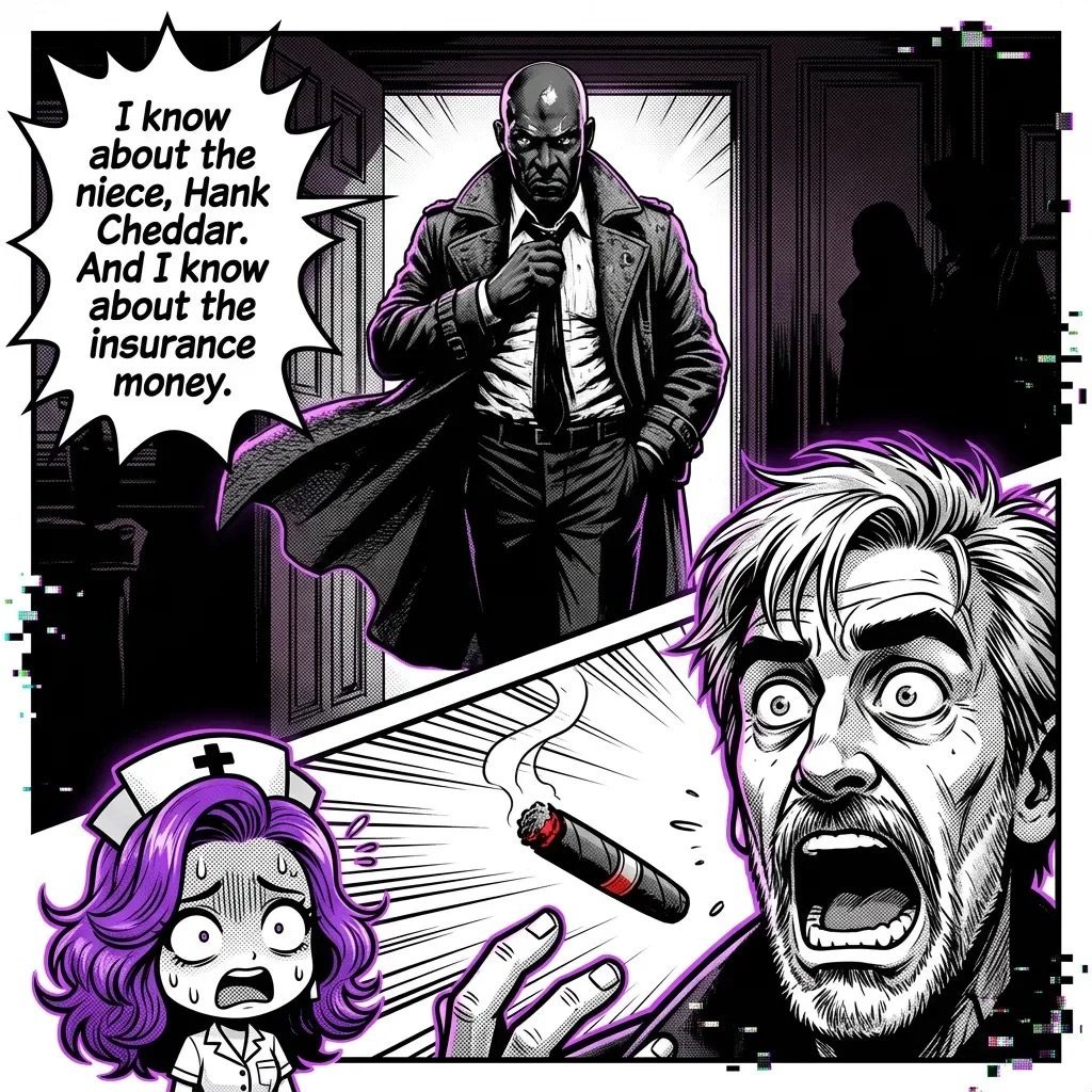 Comic panel showing a menacing bald man in a coat confronting two frightened people, with purple accents and a speech bubble about insurance money