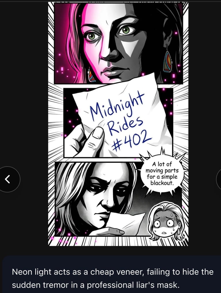 Comic panel artwork showing a woman in neon pink and black holding a sign reading Midnight Rides #402 with text about blackout and moving parts