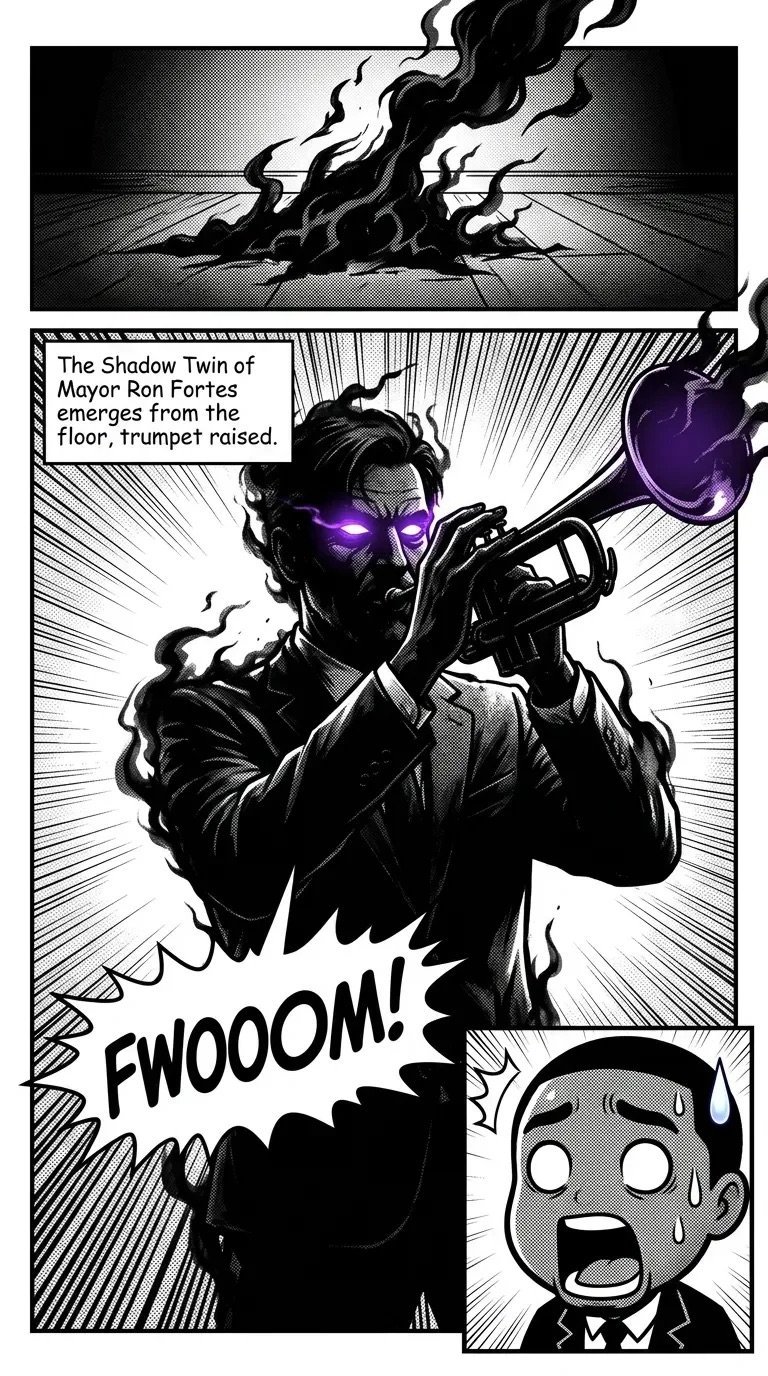 Manga comic panel showing a dark figure with glowing purple eyes wielding a gun, emerging from black smoke with sound effect FWOOM