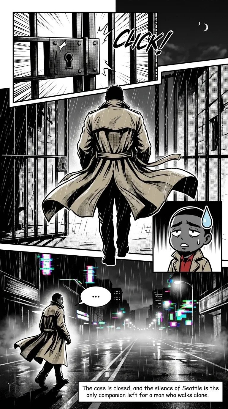 Manga panel showing a figure in trench coat standing in rain-soaked Seattle streets at night with neon lights, depicting noir-style detective storytelling