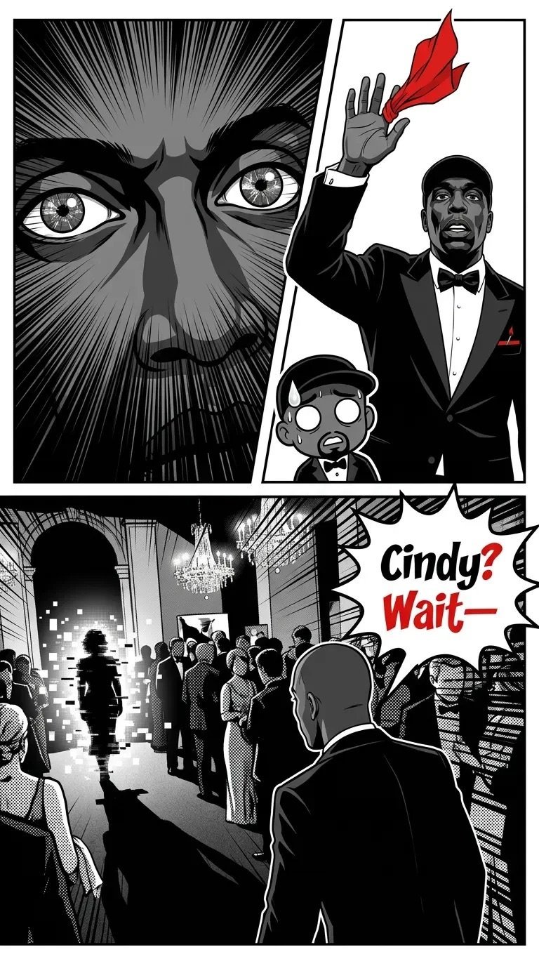 Black and white manga-style comic panels showing a close-up face, a man in a tuxedo with a red cape, and a formal event scene