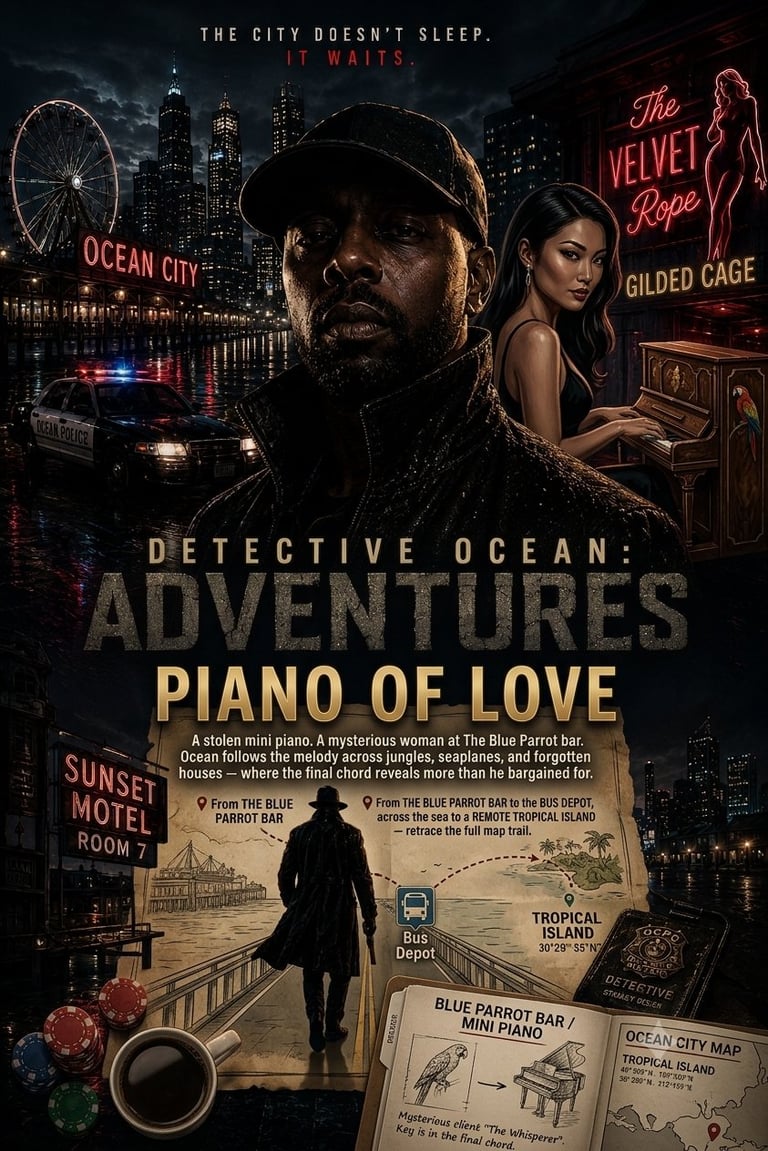 Detective Ocean Adventures Piano of Love movie poster with noir cityscape, two characters, neon signs, and mysterious locations