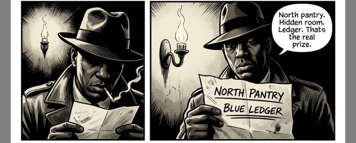 Noir comic panels showing a detective examining a map and clues about a hidden room and ledger in the north pantry