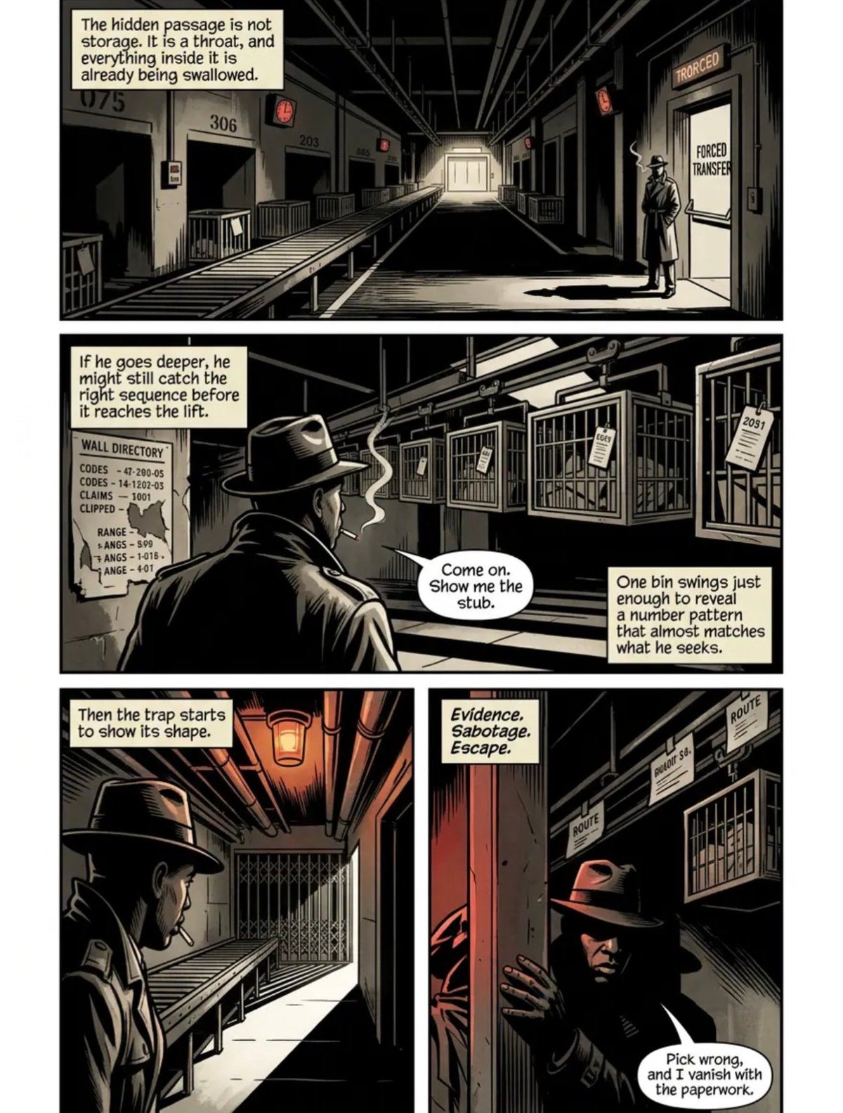 Black and white comic panel showing a detective investigating a hidden passage in a warehouse, discovering clues and a trap door.