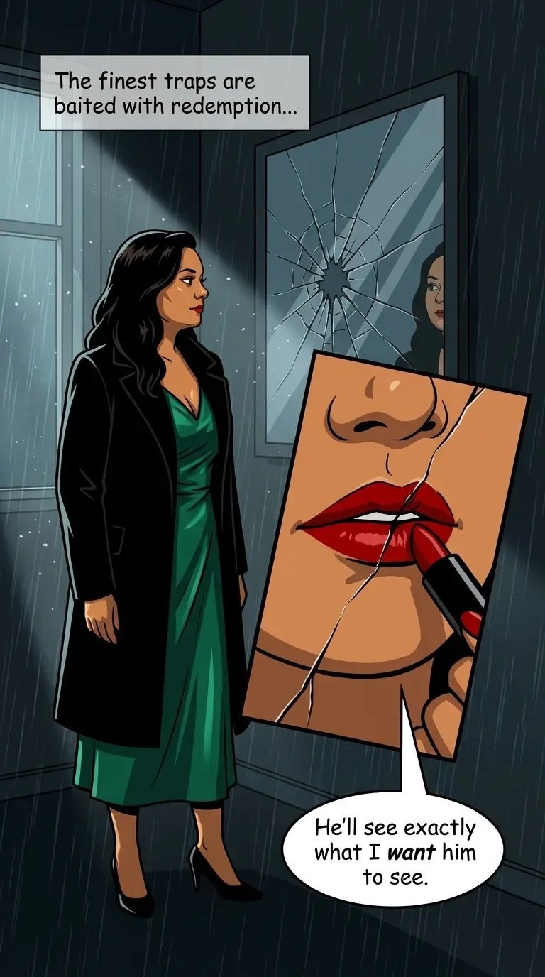 Woman in black coat and green dress stands in rain looking at broken mirror reflecting a sensual portrait, with text about setting traps with redemption