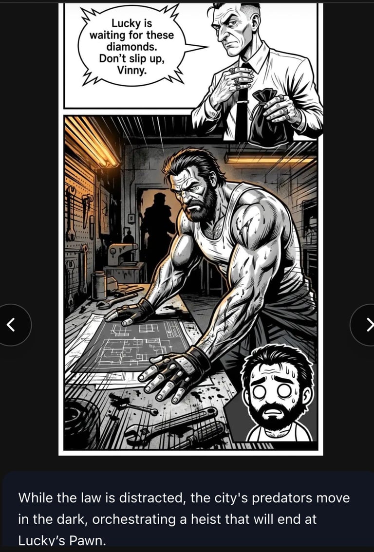 Comic panel showing a man with diamonds warning about a heist while another muscular man examines a blueprint in a warehouse