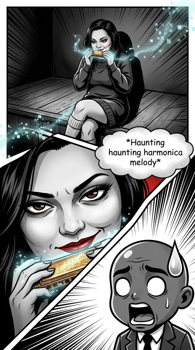 Manga-style comic panel showing a woman playing a harmonica with eerie effects, while a frightened man reacts below, with text reading haunting harmonica melody