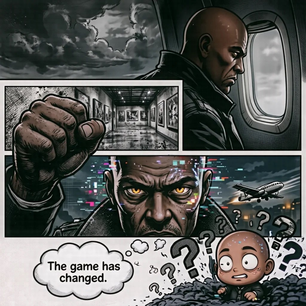 Comic-style panel collage showing serious man in airplane window, clenched fist, futuristic cockpit, menacing villain face, and baby character with text The game has changed.