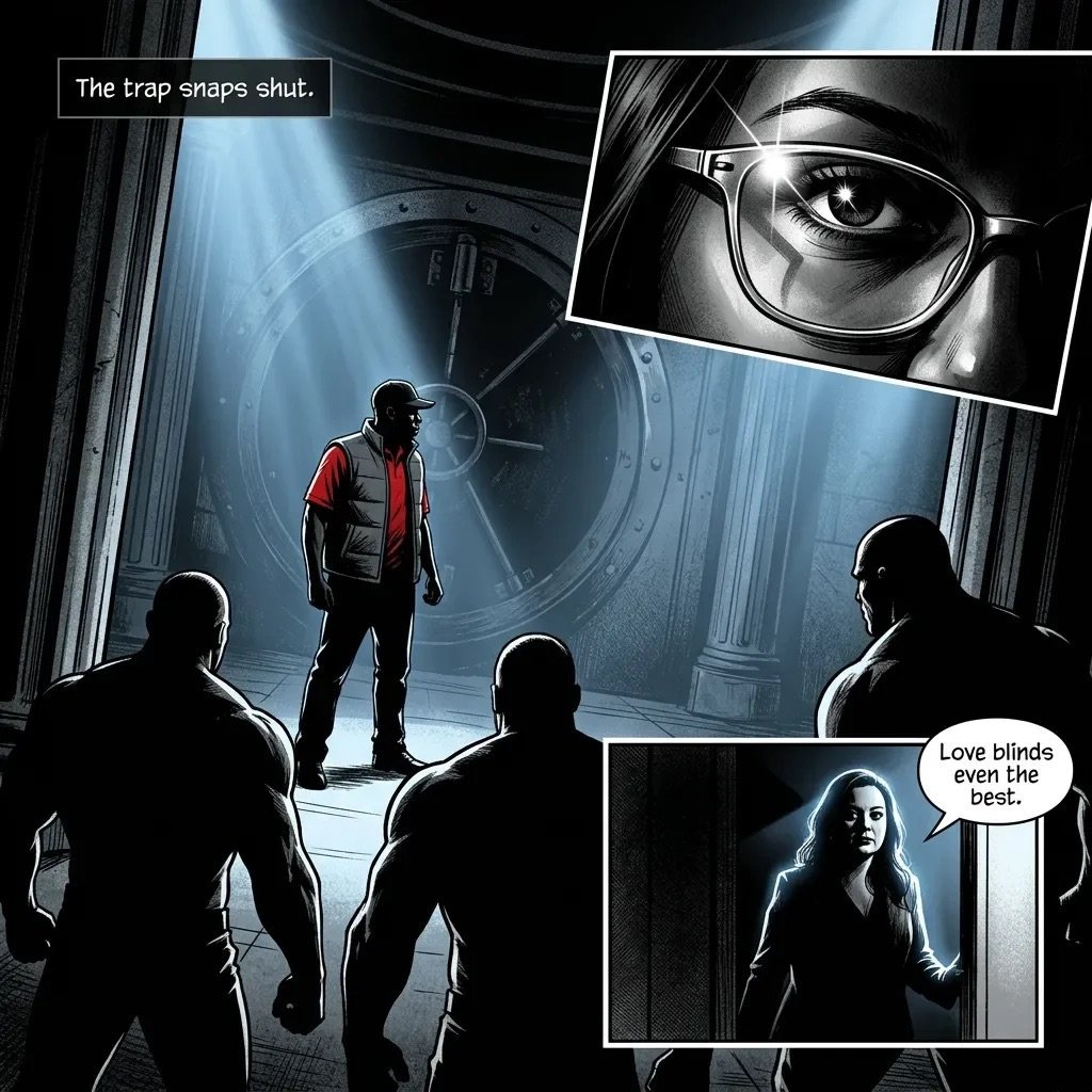 Comic panel showing a man in red vest surrounded by silhouetted figures in a futuristic chamber with dialogue bubbles about traps and love blindness