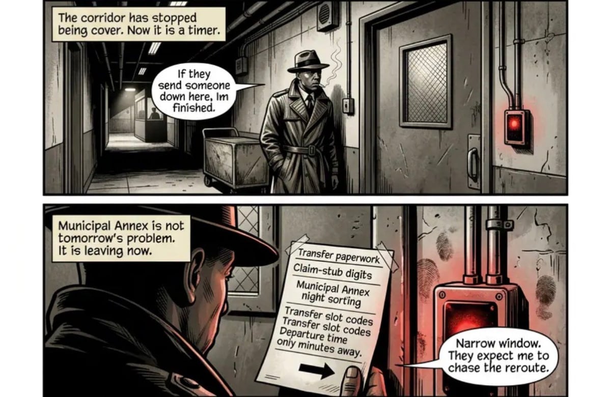 Comic panel showing a man in a corridor and another man reading a notice about transferring paperwork from Municipal Annex