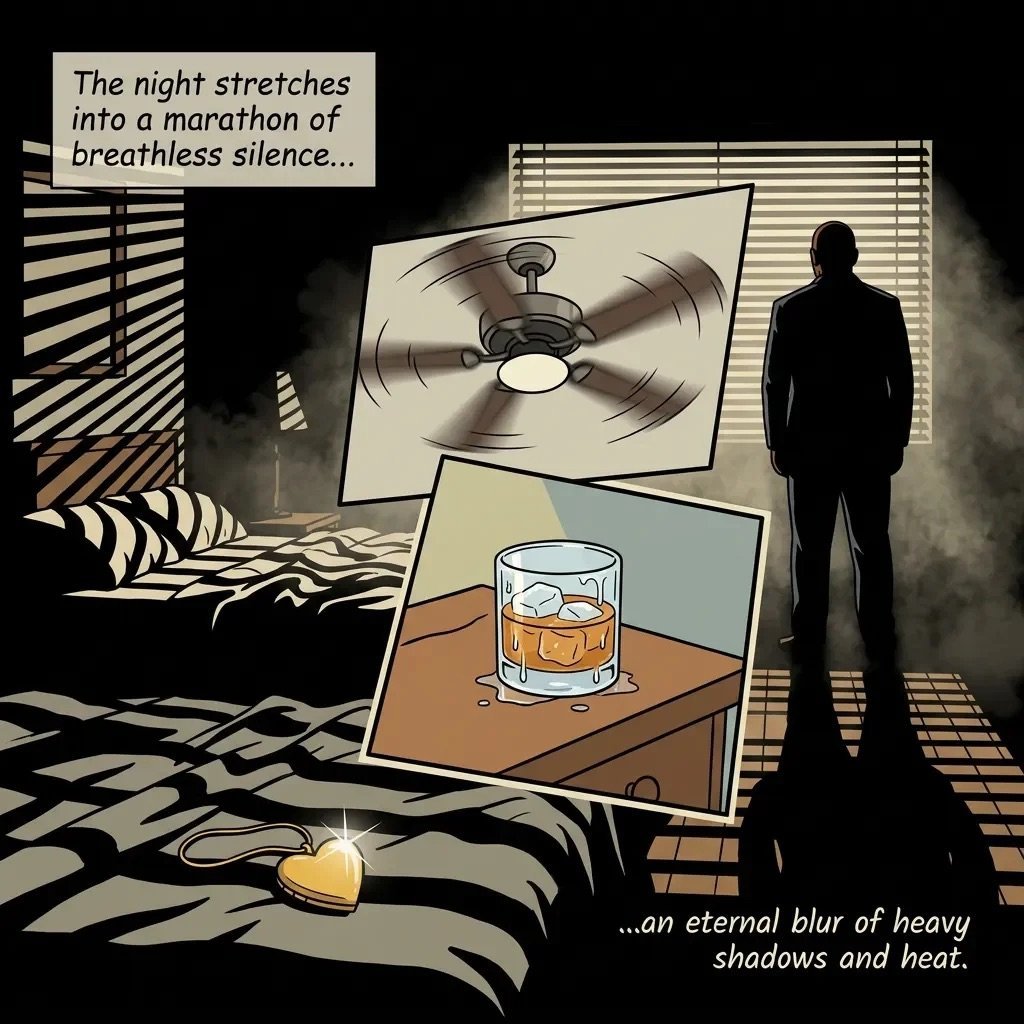 Film noir comic panel showing silhouetted figure in room with spinning ceiling fan, glass of whiskey, and striped shadows. Text reads: The night stretches into a marathon of breathless silence...an eternal blur of heavy shadows and heat