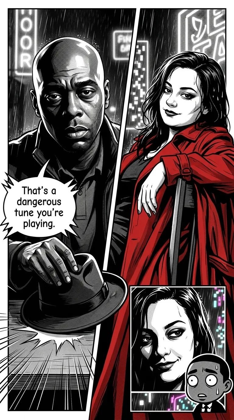 Black and white comic panel showing a bald man in a hat warning a woman in a red jacket: Thats a dangerous tune youre playing.