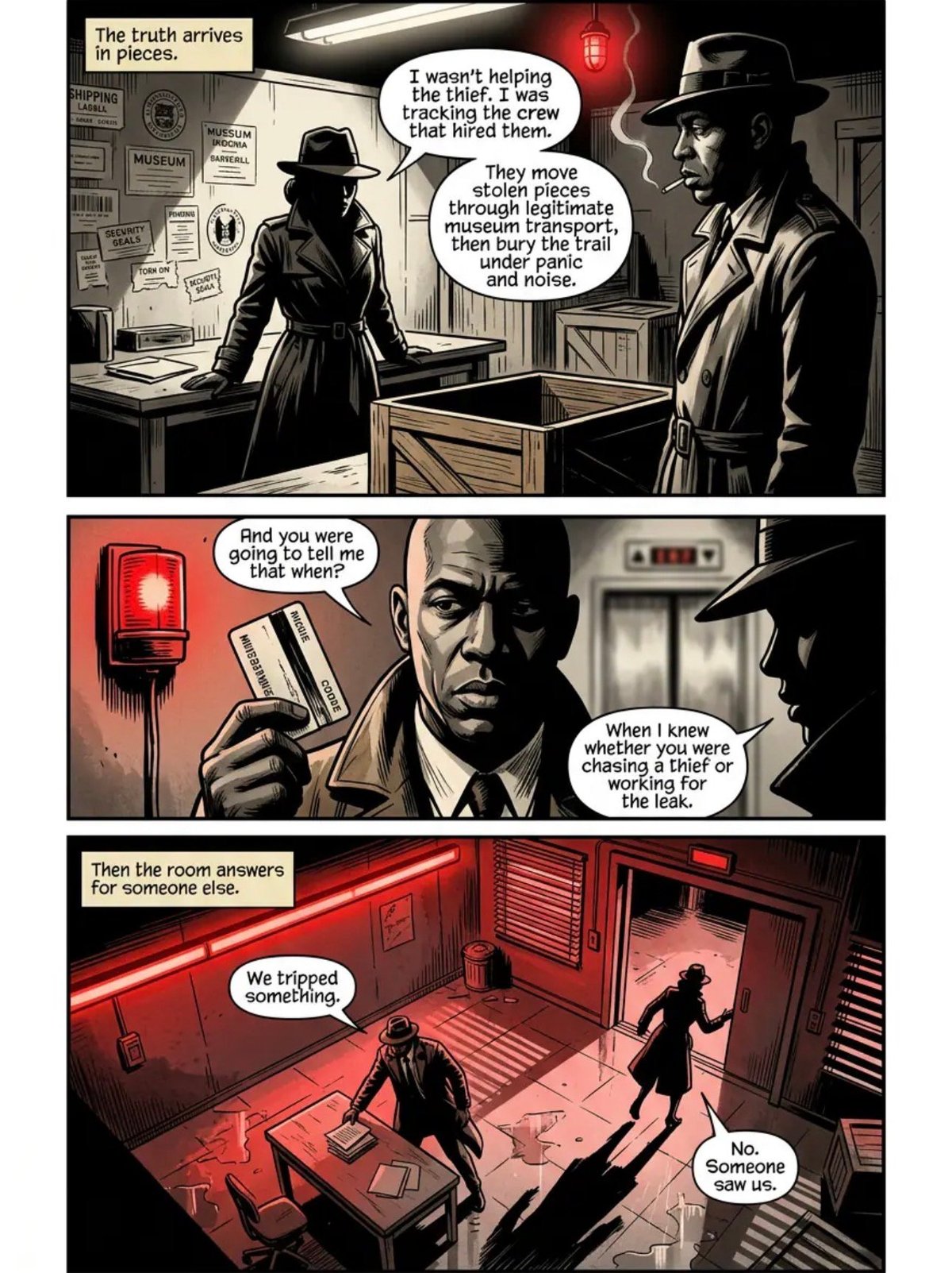 Film noir comic strip showing three detectives in conversation about a heist involving a museum theft and transport of stolen items
