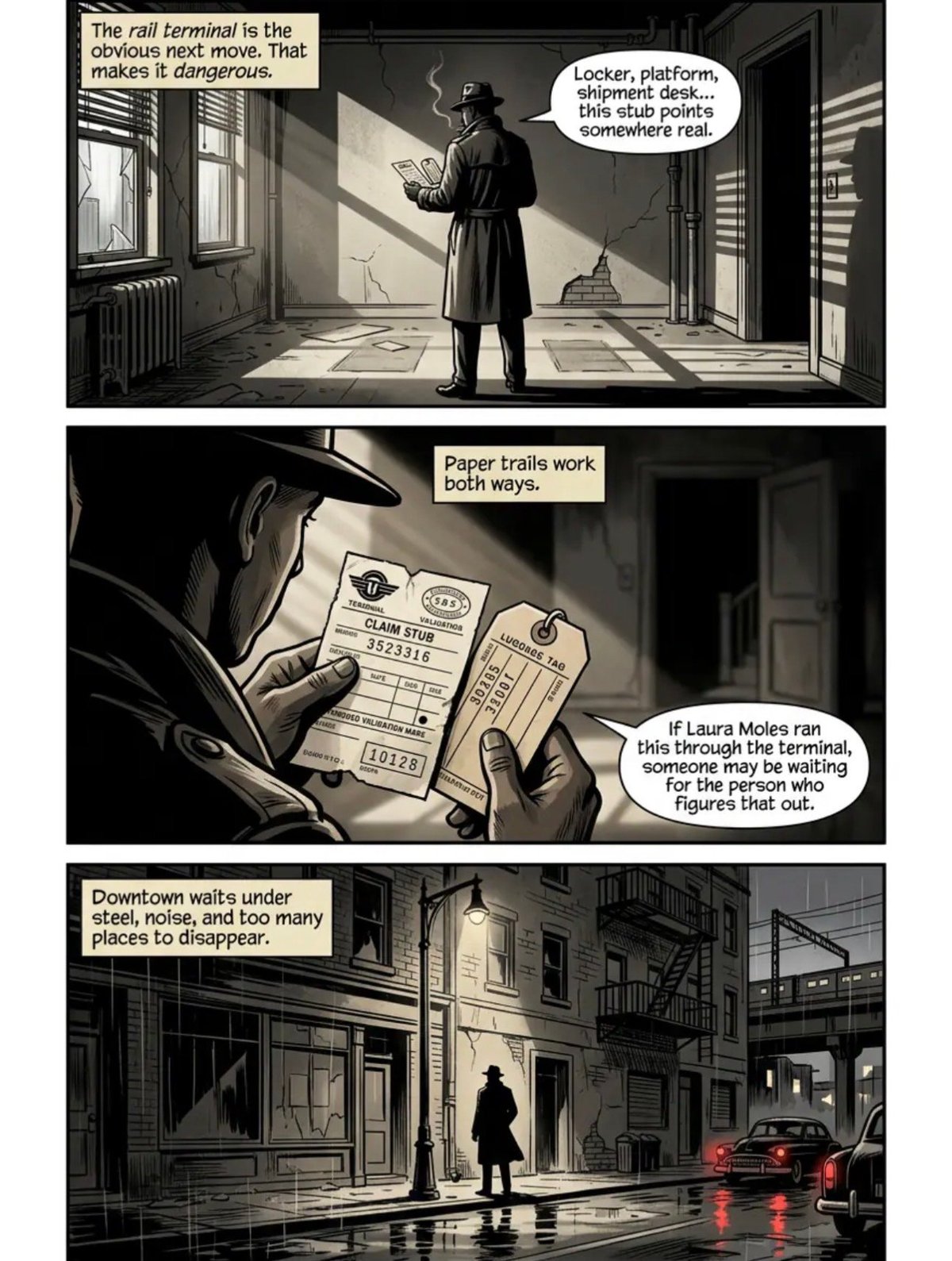 Film noir comic strip showing detective investigating at train terminal, examining paper trails and walking rain-soaked downtown streets