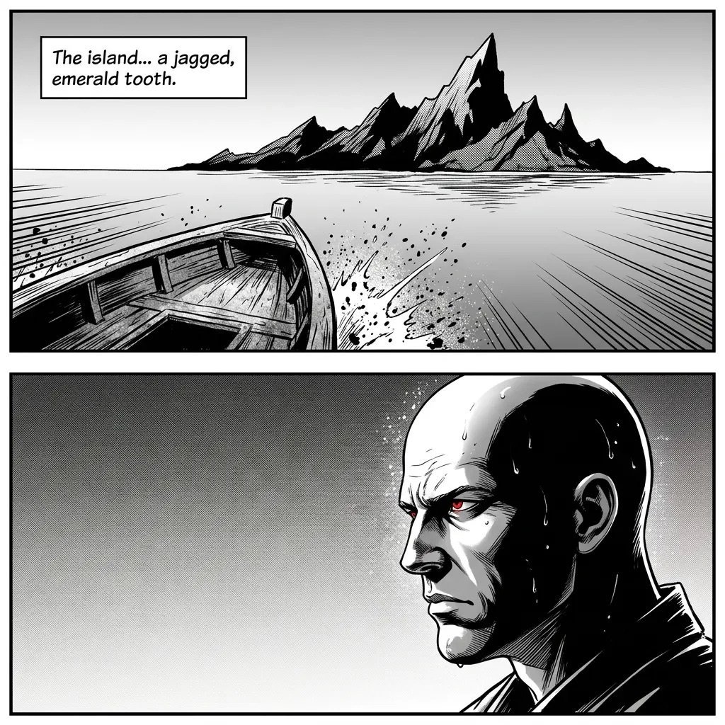 Comic panel showing a man in a boat approaching a jagged, mountainous island, with a close-up of his stern face below