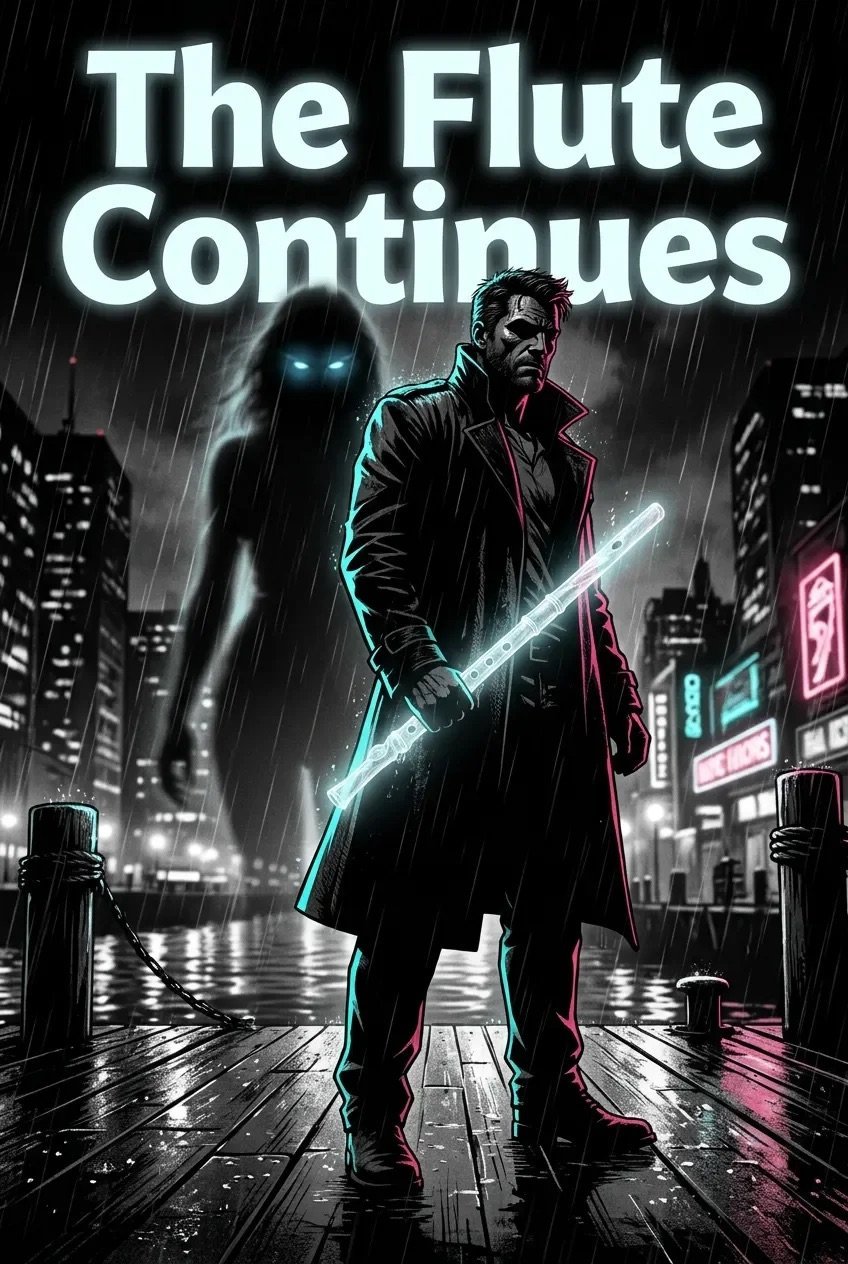 Futuristic noir poster showing a man in black coat with glowing sword in rainy cyberpunk city with neon signs and glowing figure behind him. Text reads The Flute Continues