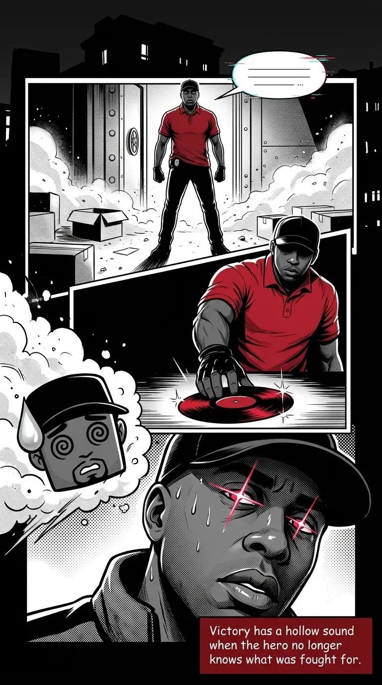 Comic book panel showing a man in red shirt with thought bubbles and text discussing how victory becomes hollow when purpose is lost