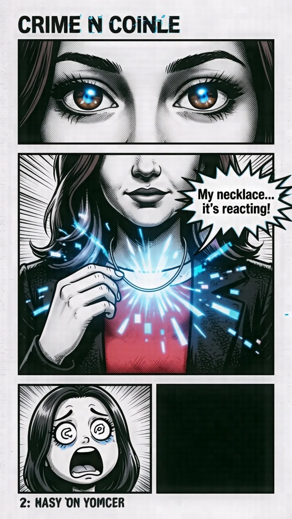 Comic strip titled Crime n Coinle showing woman with glowing eyes and reactive necklace emitting digital light effects, with shocked expression below