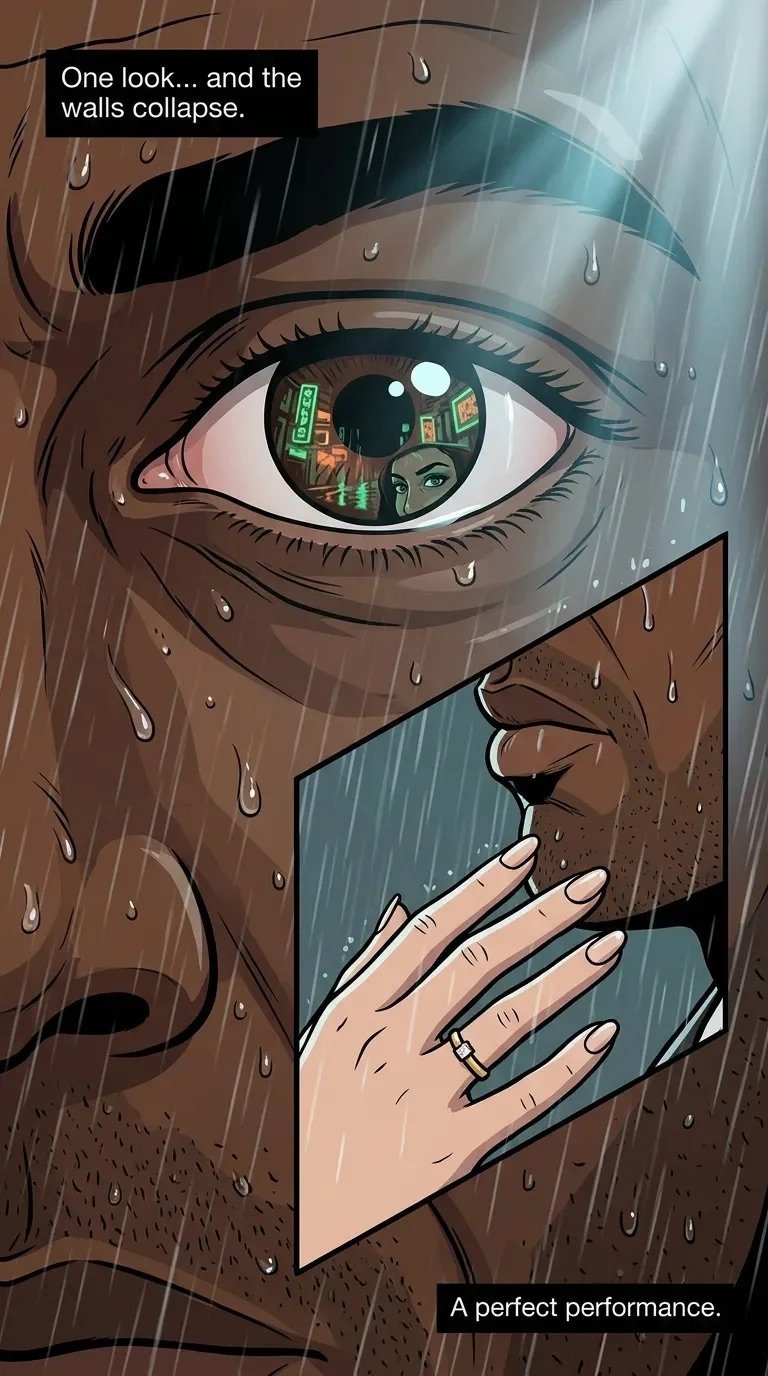 Illustration of a persons face in rain with a holographic city reflection in their eye and hand touching their cheek