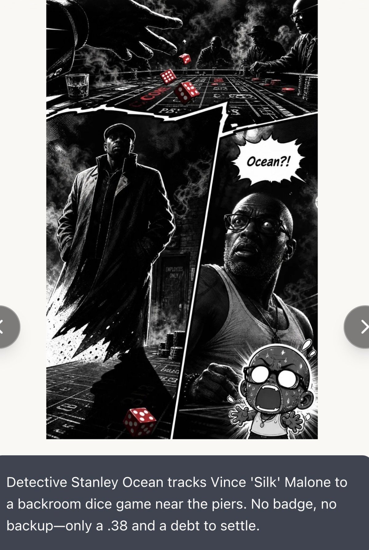 Black and white manga-style comic panel showing detective Stanley Ocean pursuing Vince Silk Malone to an illegal dice game near the piers
